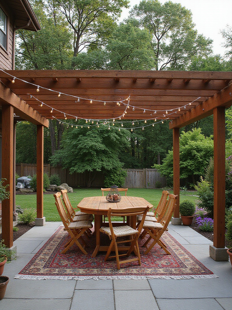A patio pergola defines an outdoor dining area with a table, chairs, and rug, surrounded by a lush garden.
