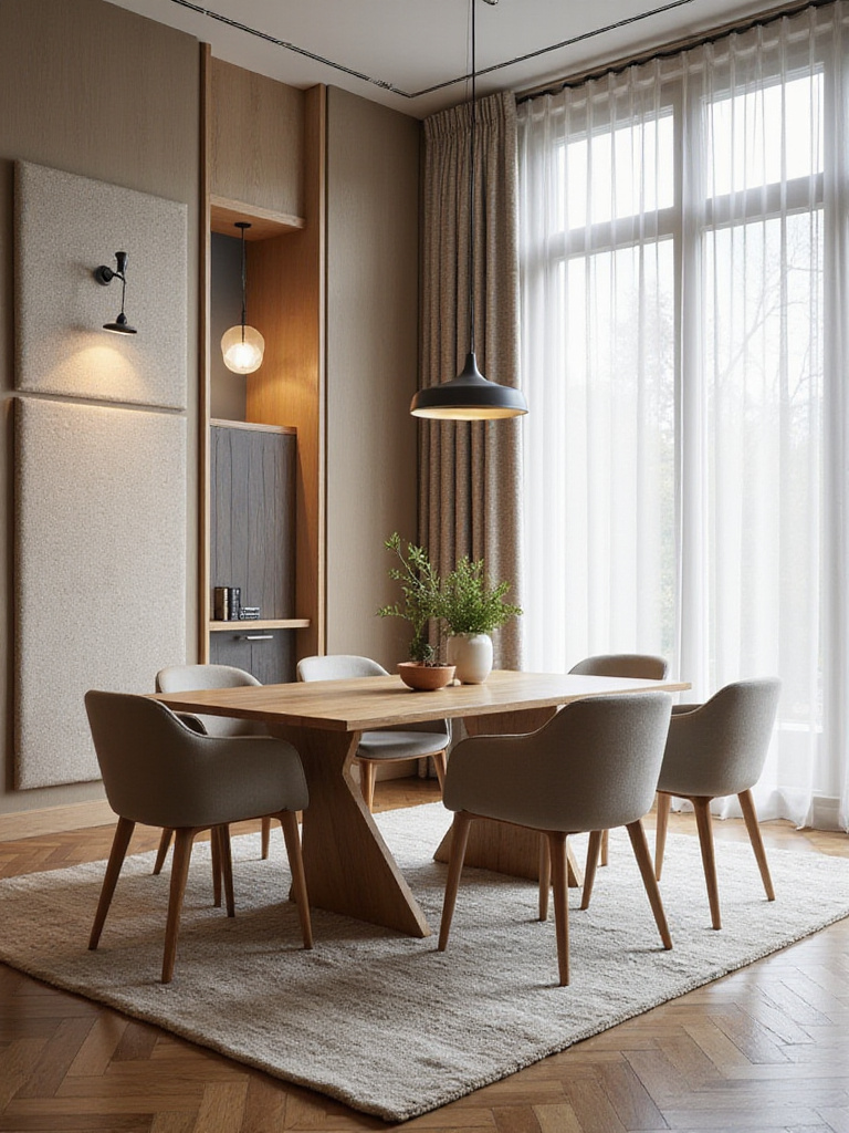 Modern dining room with rug, upholstered chairs, and acoustic panels to improve sound quality.