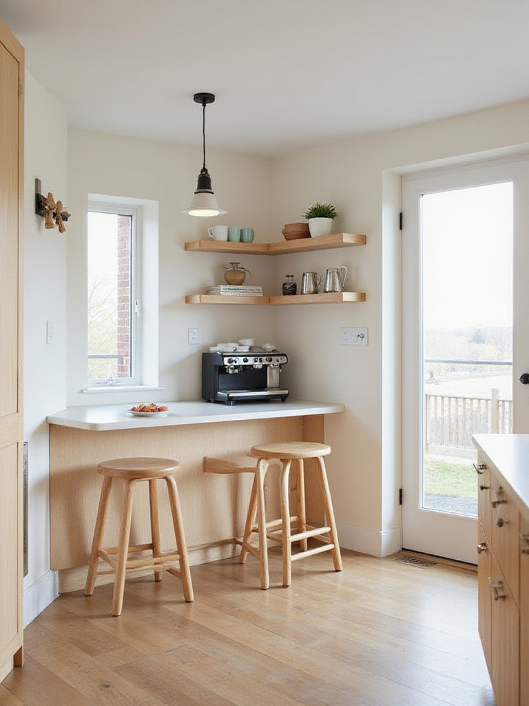 Modern kitchen with dedicated coffee nook featuring light wood cabinetry and espresso machine