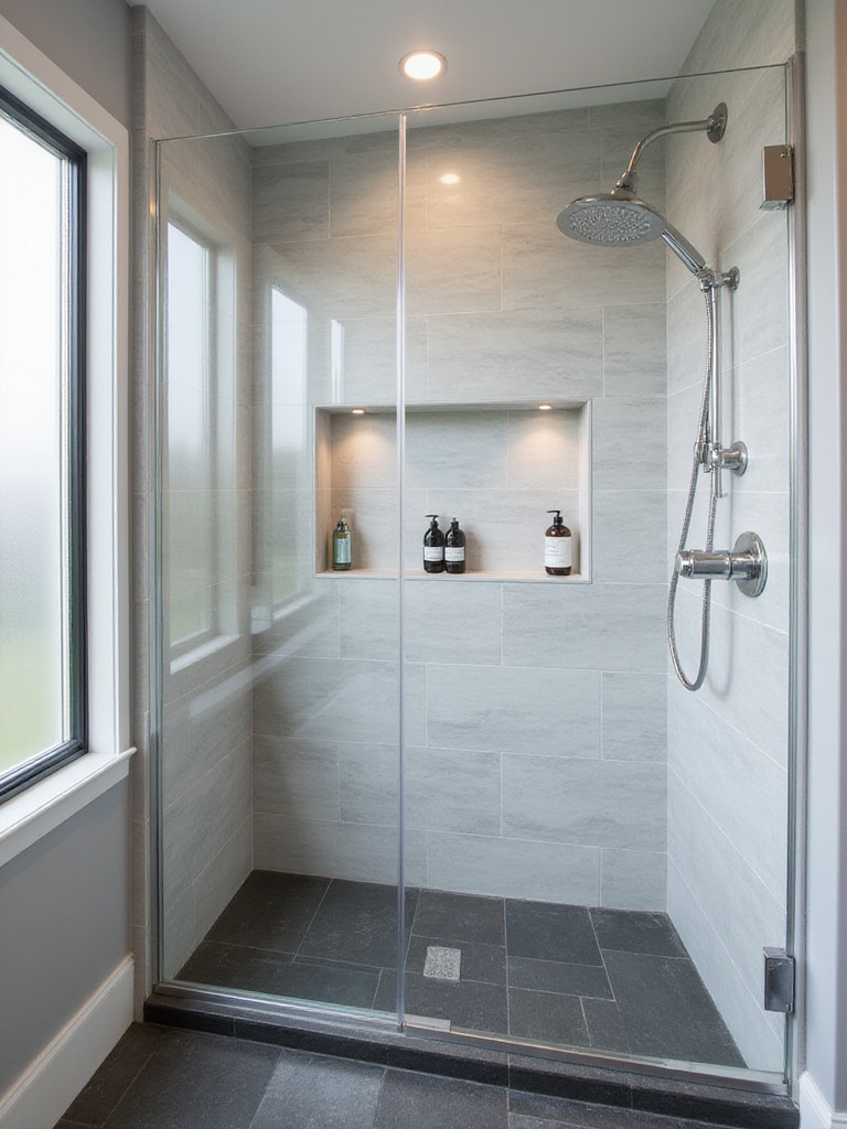 Modern bathroom shower with grey tile, rain showerhead, and built-in niche.