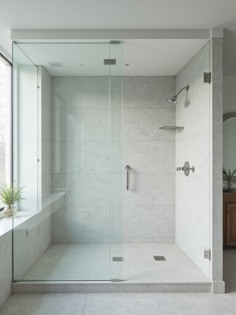 Modern walk-in shower with frameless glass and large-format tiles