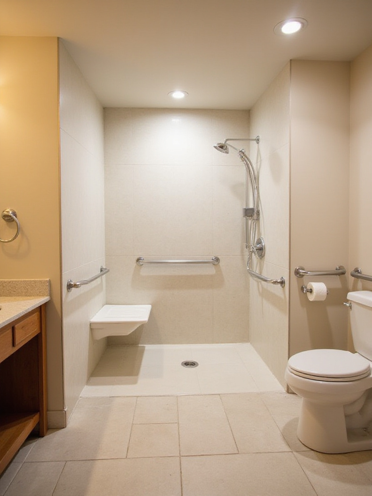Accessible bathroom design with walk-in shower, grab bars, and comfort-height toilet.