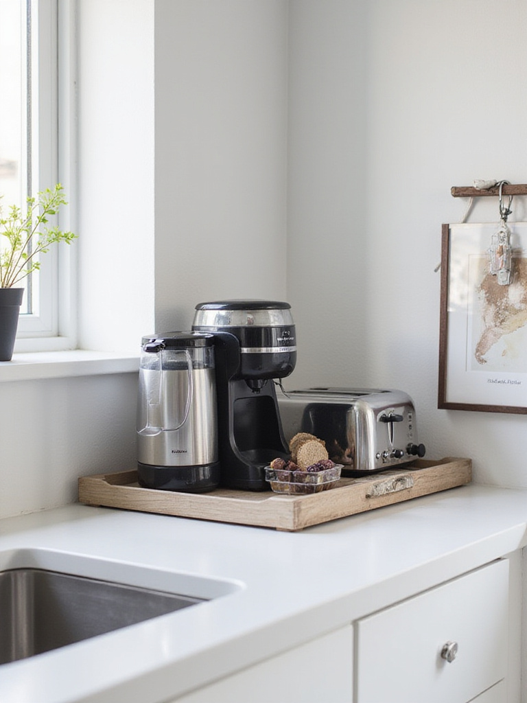 Organized kitchen countertop with a designated area for small appliances including a coffee maker and toaster on a stylish tray.