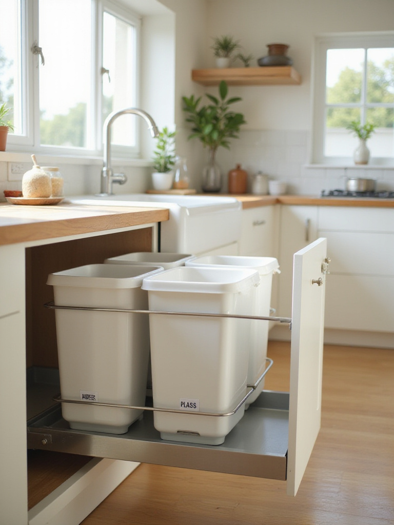 Modern kitchen pull-out waste and recycling center with labeled bins for recyclables, compost, and trash.