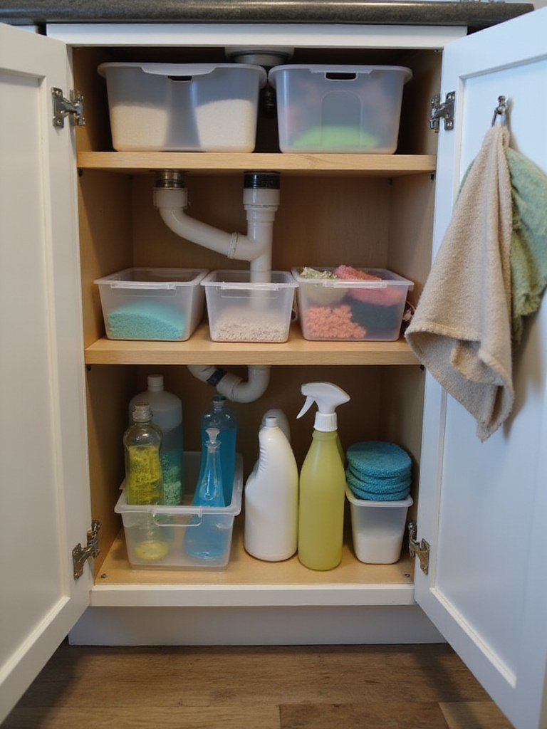 Organized kitchen cabinet under the sink showing cleaning supplies neatly stored in bins, on pull-out shelves, and door caddies.