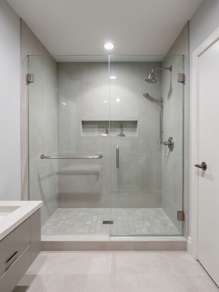Modern bathroom with a seamless walk-in shower featuring large format tiles, a linear drain, and a frameless glass panel.
