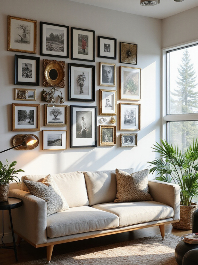 An eye-catching gallery wall displayed on a living room wall above a modern sofa, featuring a curated collection of framed artwork, photographs, and mirrors in various sizes and frame styles.