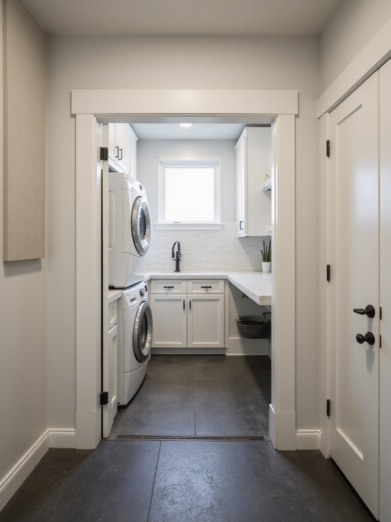 Modern laundry bathroom designed for noise reduction, showing acoustic wall panels, sound-absorbing flooring, and a solid core door with sealing.