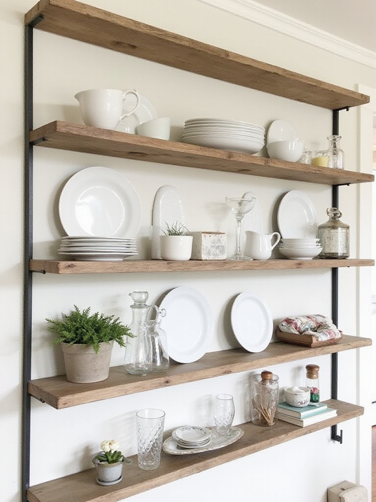 Farmhouse dining room wall with open shelving or a plate rack displaying a curated collection of dishes, glassware, and decorative items.