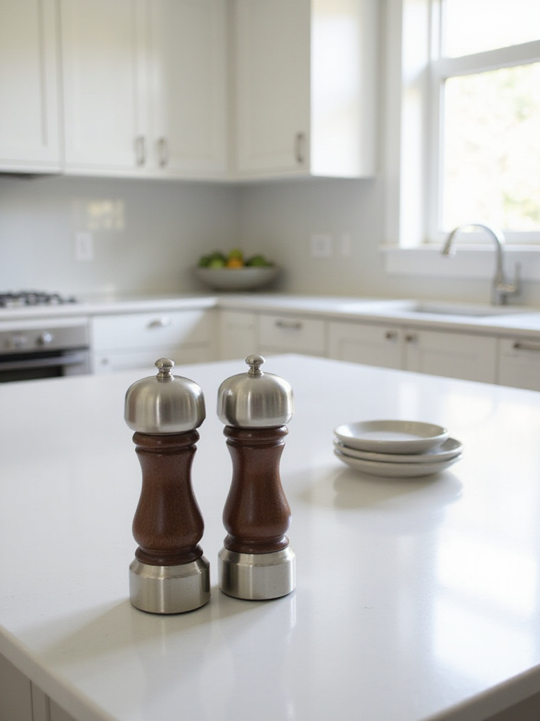 A modern kitchen island with stylish stainless steel and wood salt and pepper grinders displayed on the countertop.