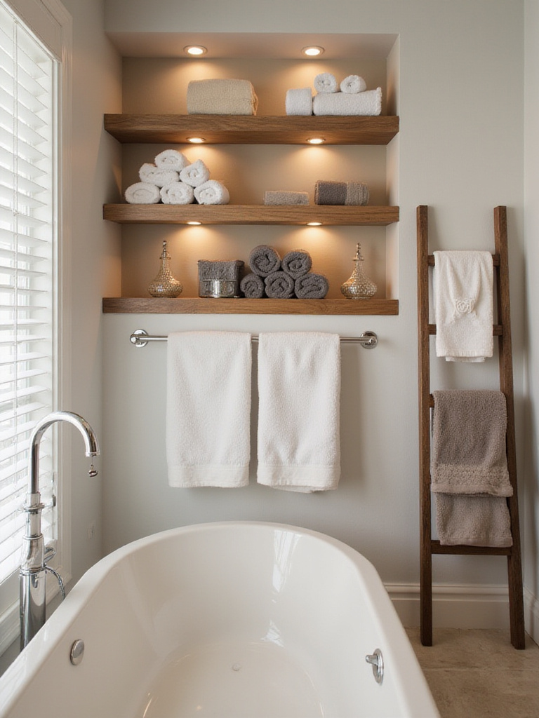 Stylish towel storage in a modern bathroom with organized open shelves and a towel bar.