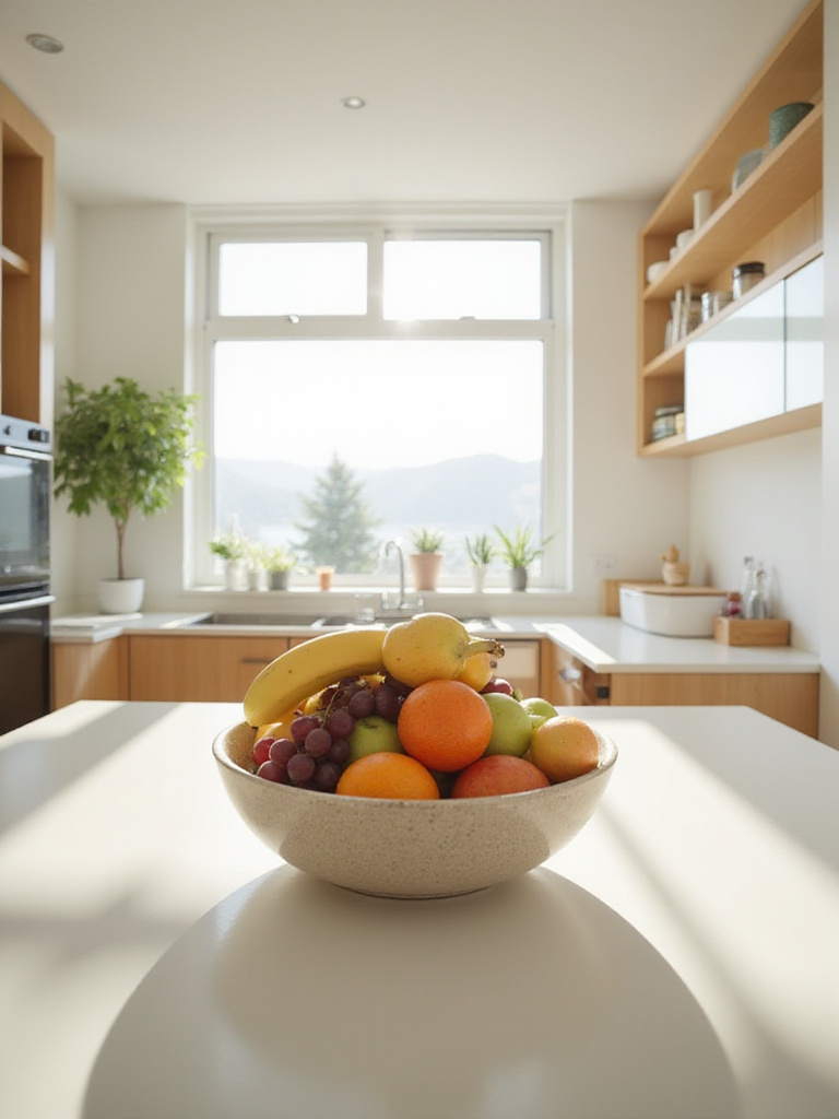 A modern kitchen island featuring a beautiful ceramic bowl overflowing with colorful fresh fruit, illuminated by natural light.