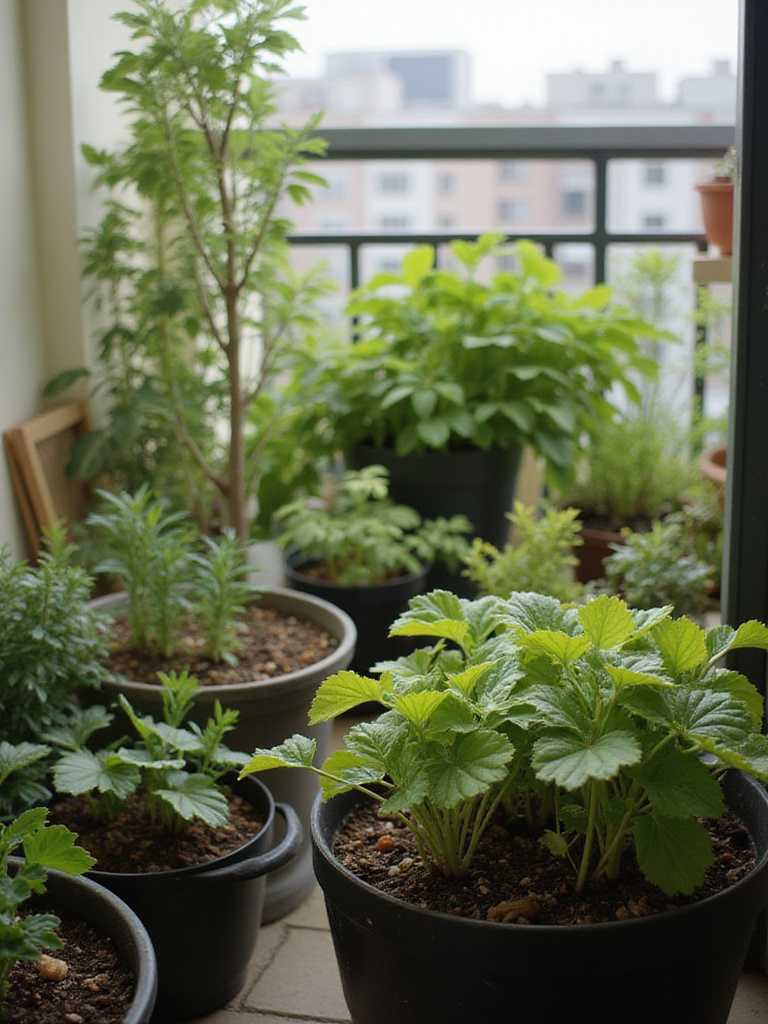 Overcrowded potted plants on a balcony compared to properly spaced plants.