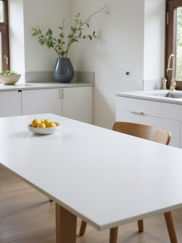 Modern kitchen table with a sleek, matte easy-care surface like engineered quartz or compact laminate, showcased in a clean, minimalist kitchen setting with natural light.