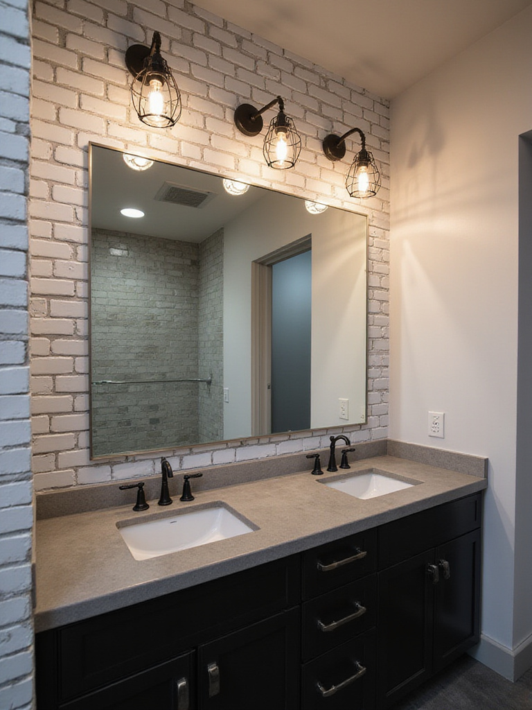Modern bathroom with concrete vanity and industrial metal cage sconces over the mirror, showcasing edgy design.