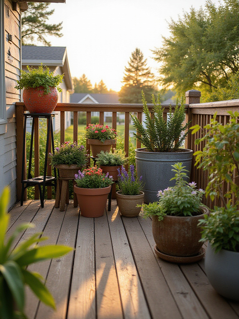Modern deck decorated with a collection of unique planters and stands, including geometric metal stands, tiered wooden plant displays, large concrete pots, and repurposed vintage containers, adding diverse textures, heights, and colors to the outdoor space.