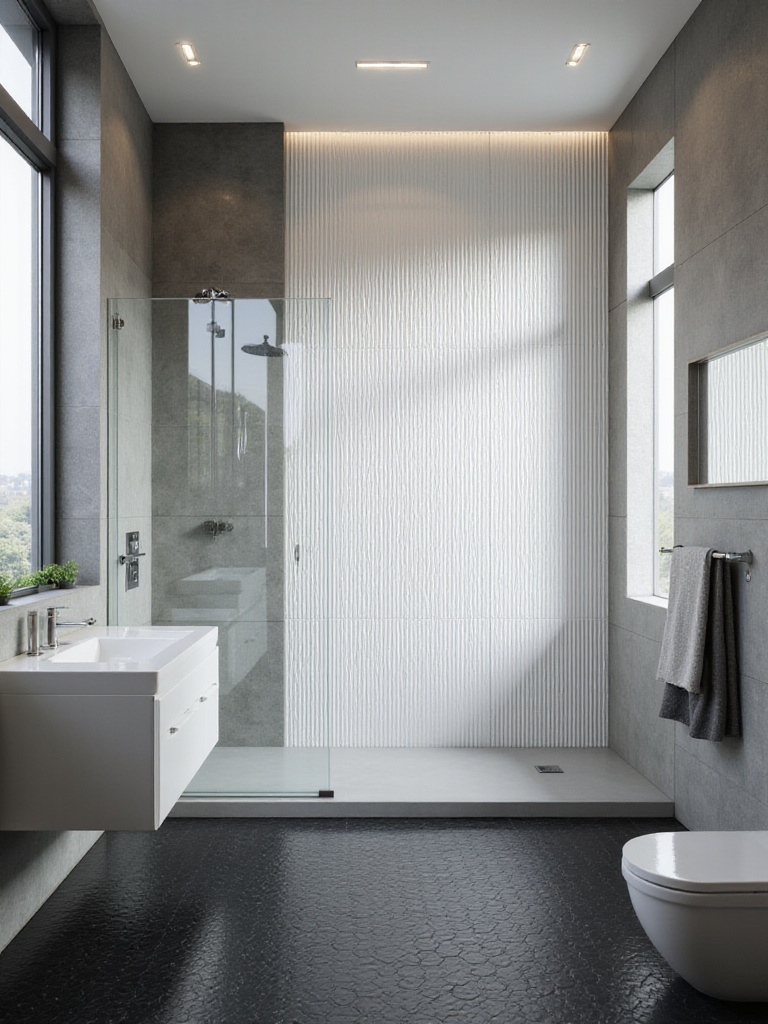 Modern bathroom renovation showcasing a textured Kit Kat tile accent wall and hexagonal floor tile, demonstrating how new tile elevates walls and floors with different materials and patterns.