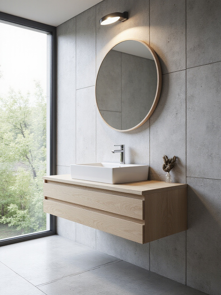 Sleek light wood floating vanity in a modern bathroom with a textured grey tile wall and concrete-look floor, showcasing elevated style and spaciousness.