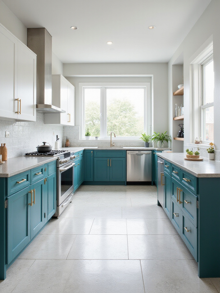 Modern kitchen with bold teal lower cabinets and white upper cabinets.