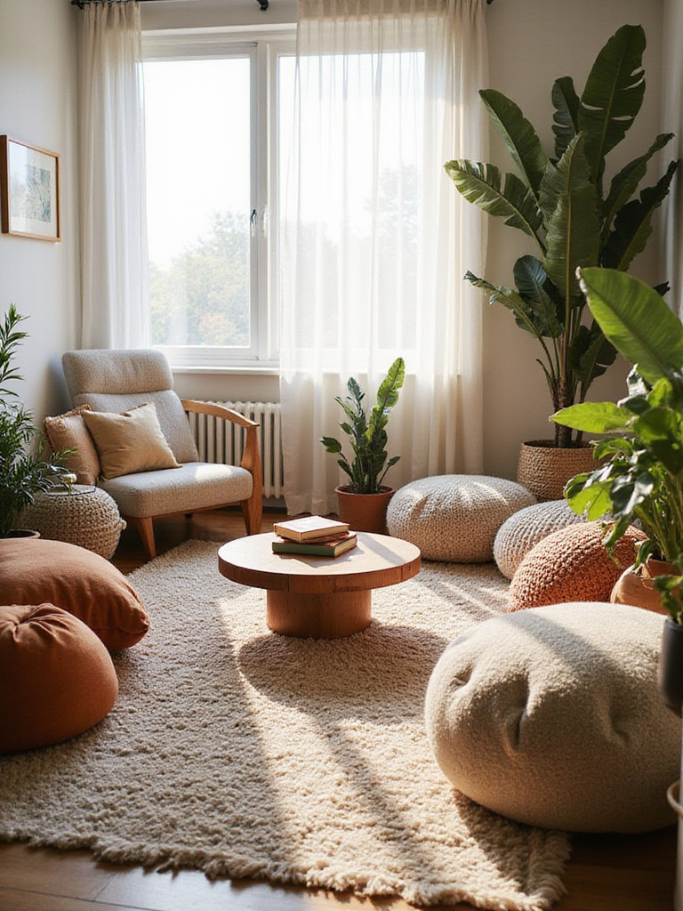 Boho bedroom with floor seating area featuring rugs, cushions, poufs, and a low coffee table.