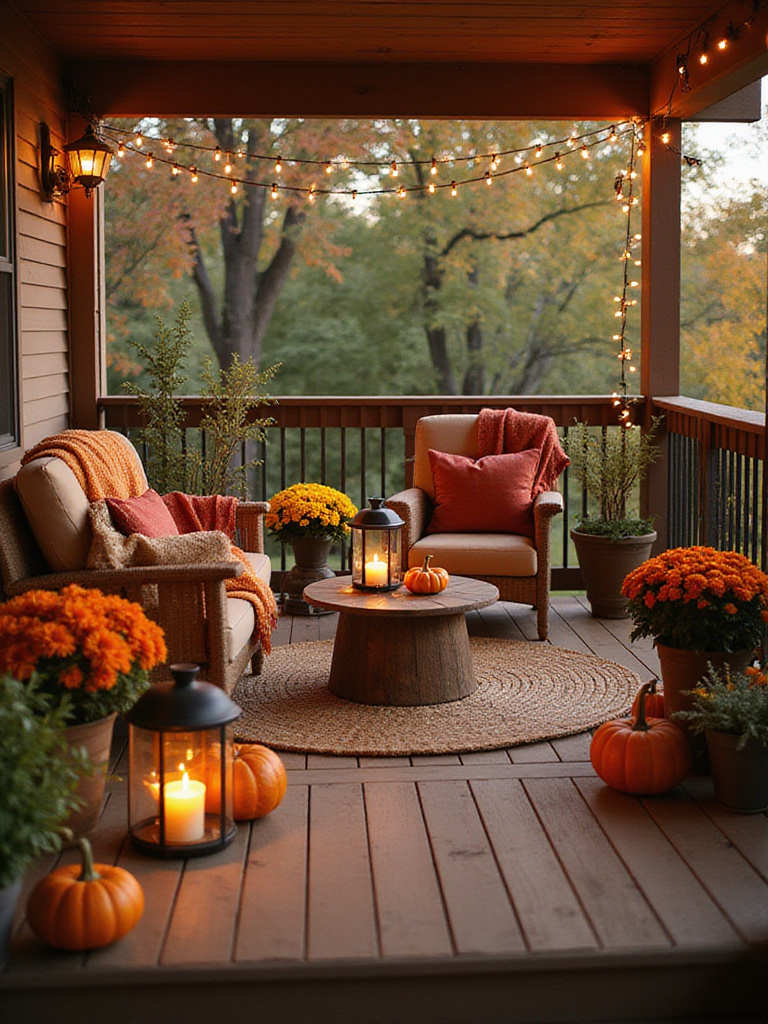Deck decorated for autumn with warm throws, mums, pumpkins, and string lights.