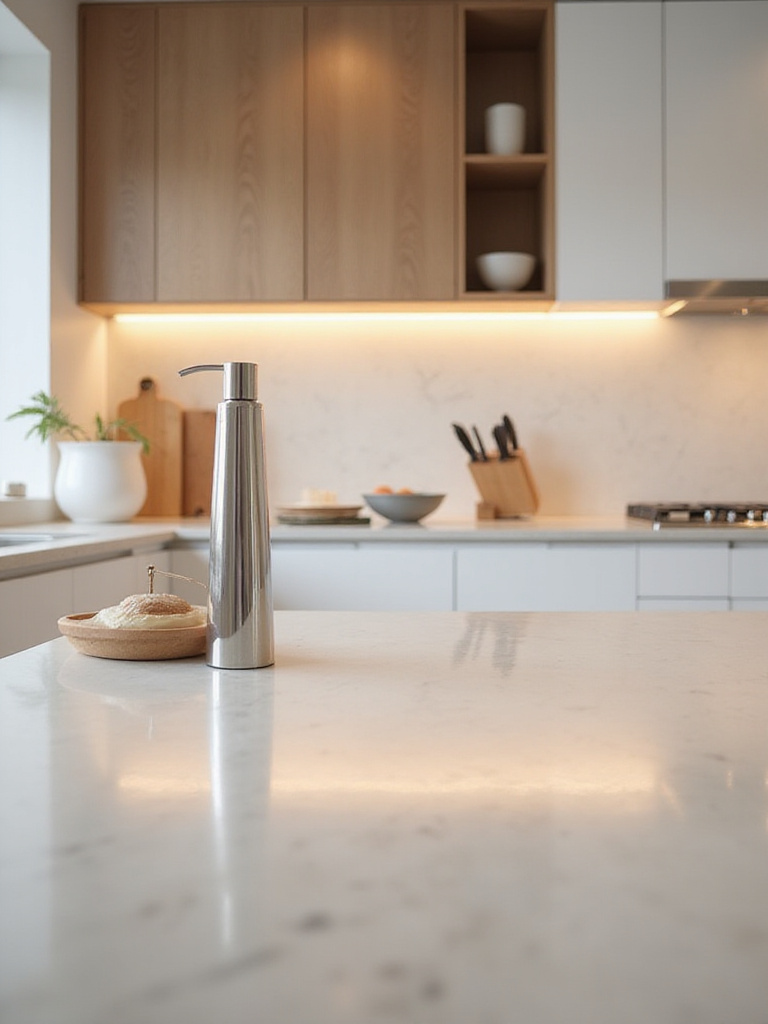 View of a clean, organized kitchen with minimalist decor and clear countertops, showcasing ample workspace and a sense of spaciousness.
