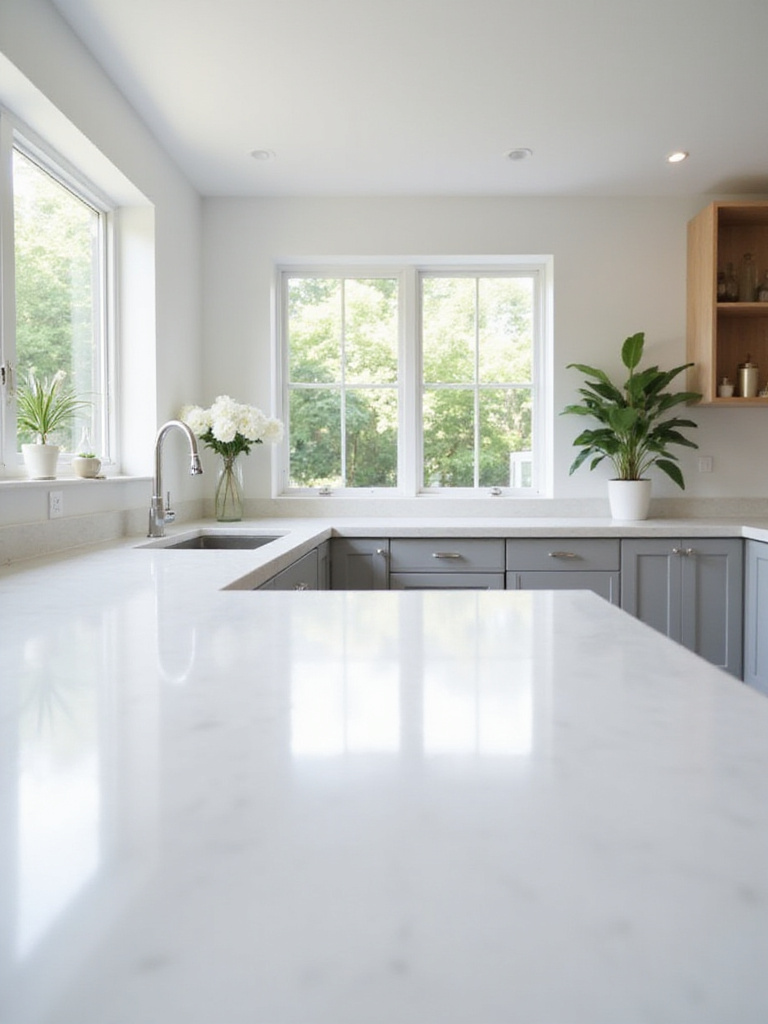 Bright modern kitchen featuring extensive white quartz countertops on the perimeter and a large island, illuminated by natural light.