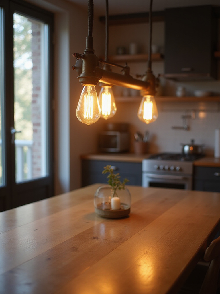 Energy-efficient LED Edison bulbs illuminating a kitchen table.