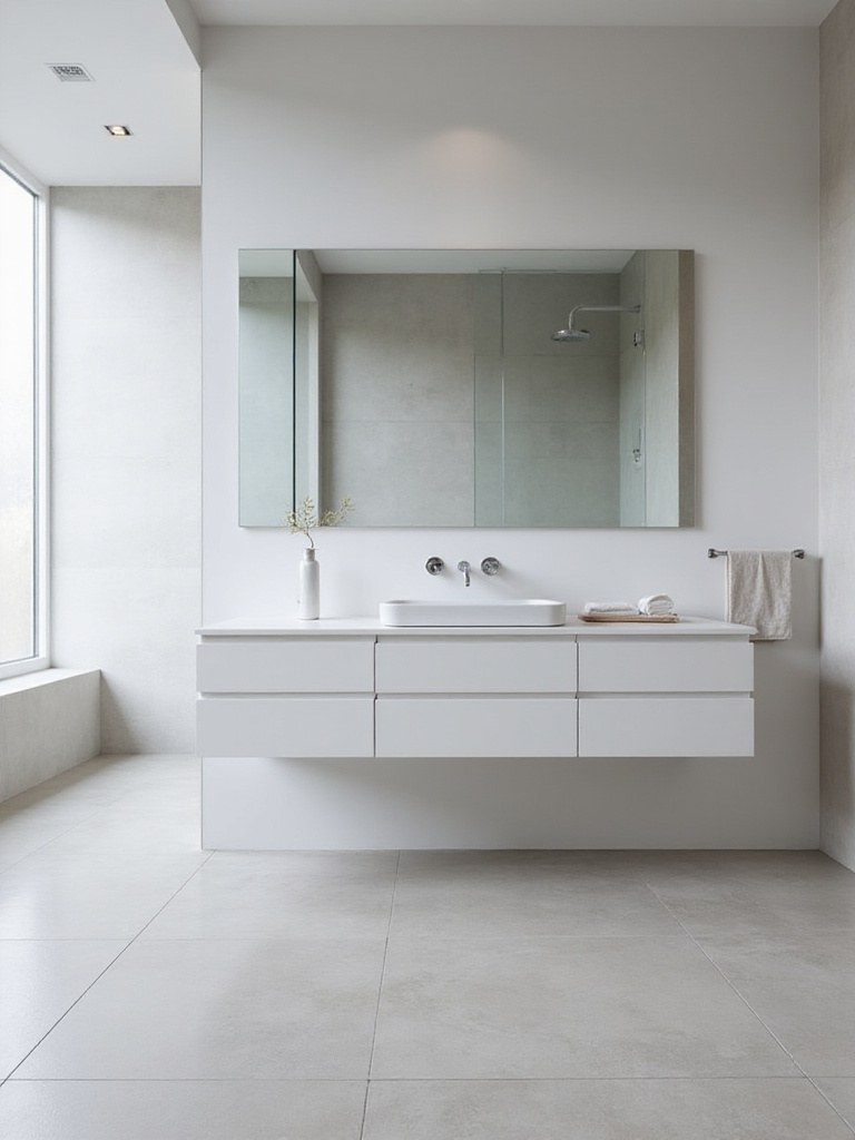 Modern minimalist bathroom featuring a floating vanity, frameless mirror, and large format tiles, emphasizing clean lines.