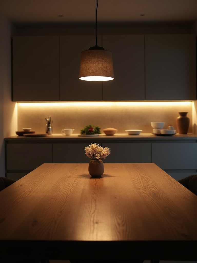 Kitchen table illuminated by a pendant light, showcasing the shadow effect on the table surface.