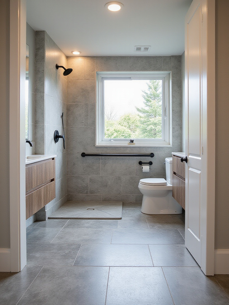 Accessible modern bathroom featuring a zero-entry shower with bench and grab bar, a comfort-height toilet with grab bar, and non-slip textured floor tile.
