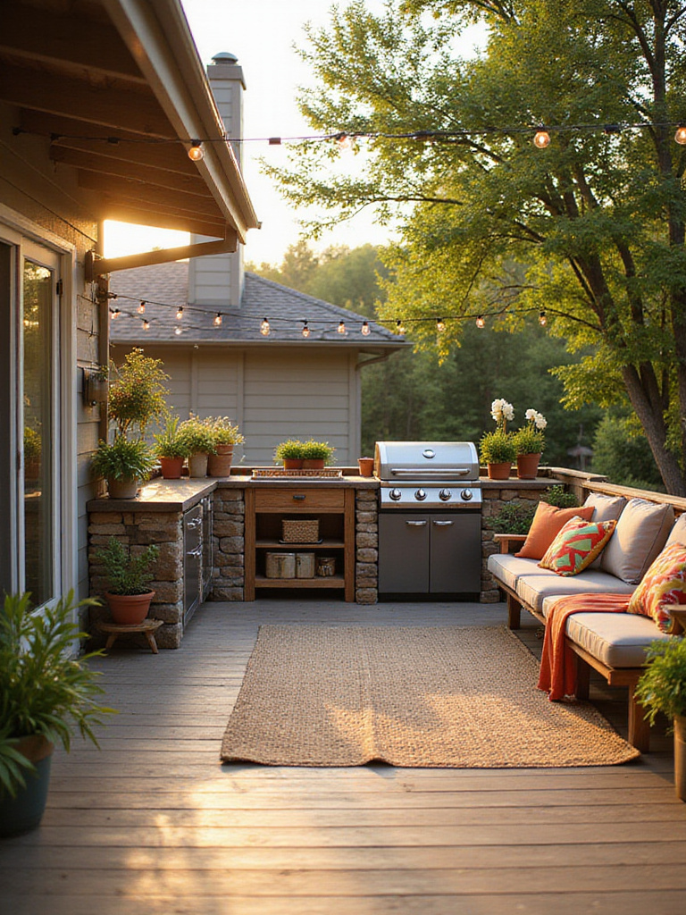 Beautifully accessorized outdoor kitchen nook on a wooden deck featuring string lights, potted plants, storage, and an outdoor rug under the warm glow of late afternoon sun.