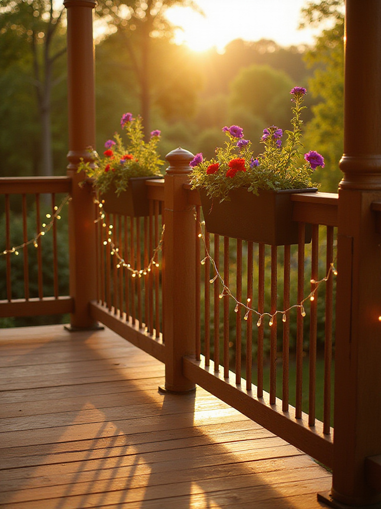 Wooden deck railing beautifully decorated with colorful flowers in railing planters and warm string lights, enhancing the outdoor living space.