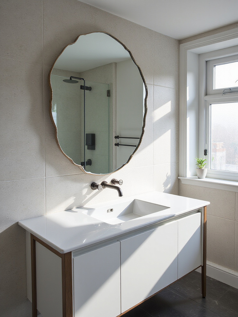 Stylish bathroom with an oversized unique mirror above the vanity