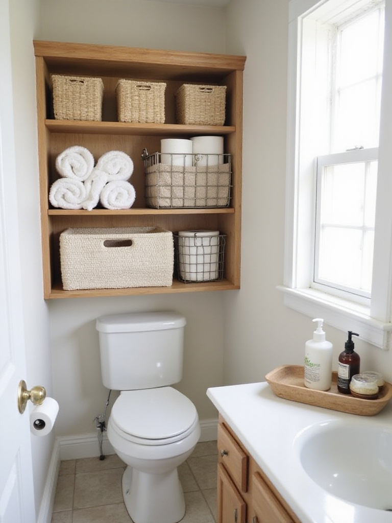 Budget bathroom storage ideas featuring various baskets and organizers on open shelves and countertops, neatly storing towels, toiletries, and essentials.
