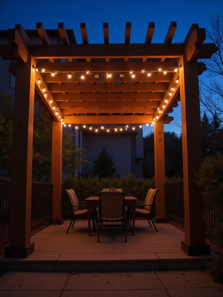 A wooden pergola at dusk, illuminated with warm string lights and uplights, creating a cozy ambiance for the seating area below.