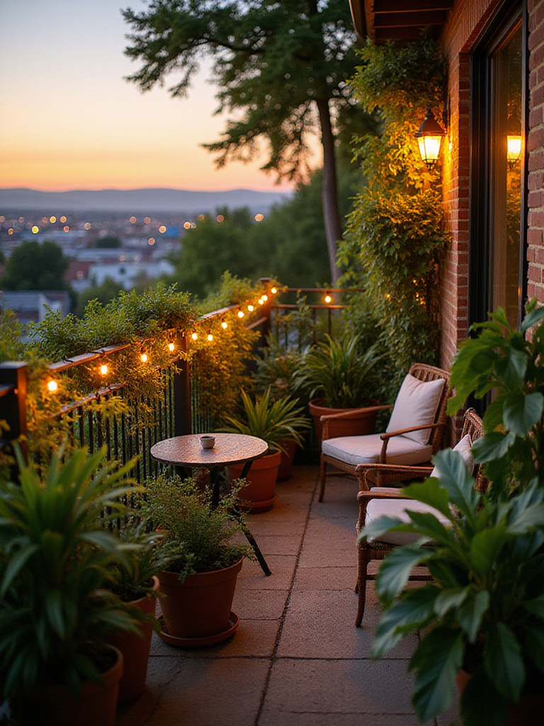 Serene balcony garden oasis at sunset with lush plants and comfortable seating.