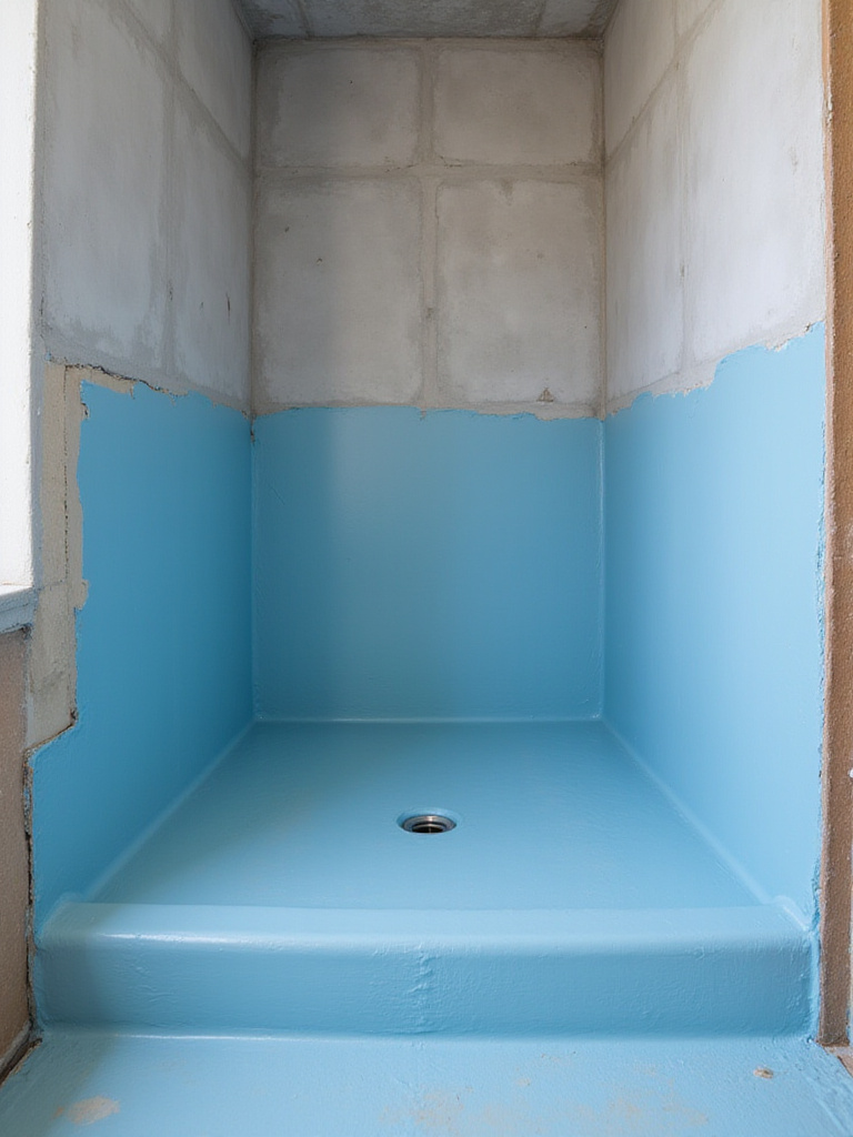 Waterproof membrane applied to the walls and floor of a shower enclosure during a bathroom renovation, showing preparation before tile installation.