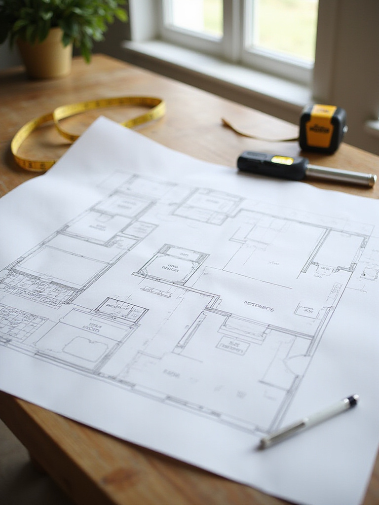 Blueprint of a kitchen layout with measuring tools on a table
