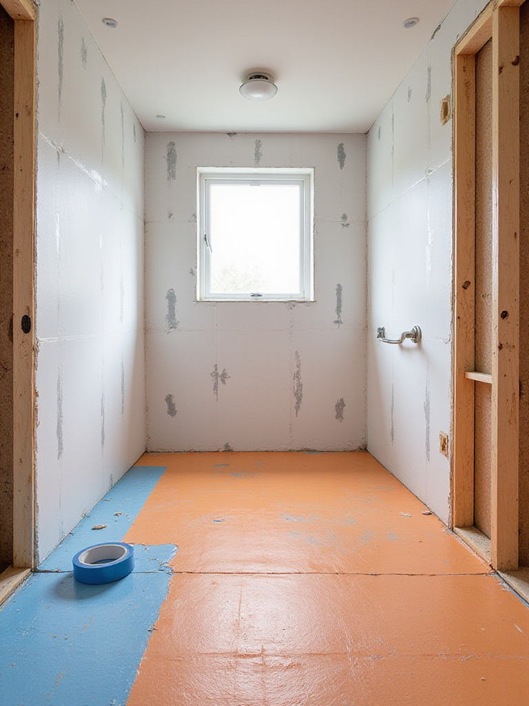 Bathroom remodel in progress: subfloor preparation and waterproofing application.