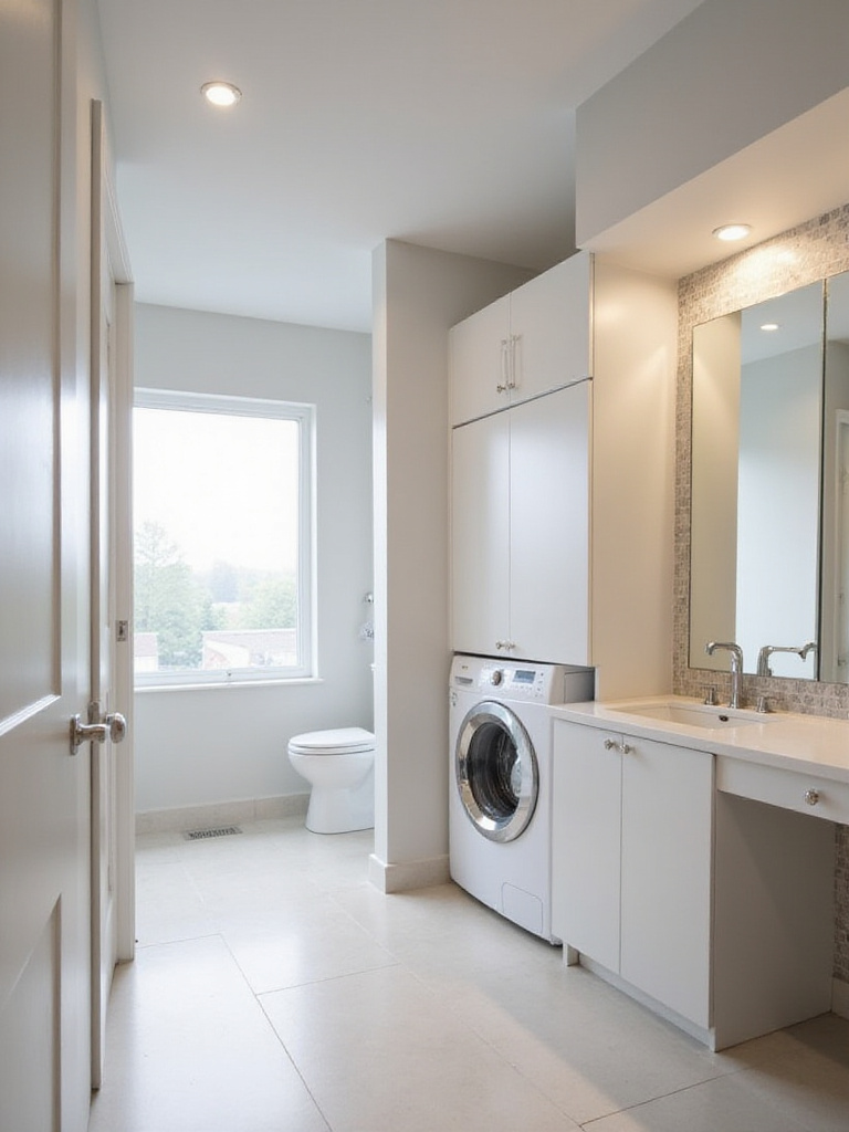 Modern combined laundry and bathroom with stacked washer dryer and contemporary vanity, showcasing space-saving design.