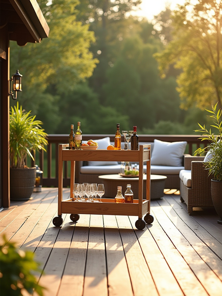 Stylish outdoor serving cart stocked with drinks and glasses on a spacious wooden deck with seating and plants, bathed in warm sunlight.