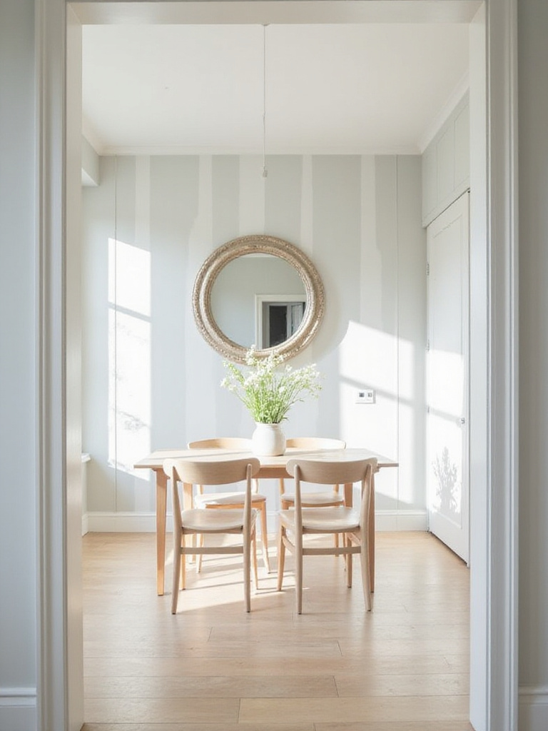 Small dining room painted in light greige with subtle vertical stripes and a large mirror to enhance spaciousness.