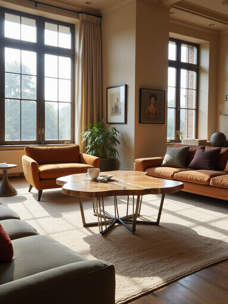 Luxurious living room with bespoke coffee table, showcasing unique design and perfect fit in a high-end space.