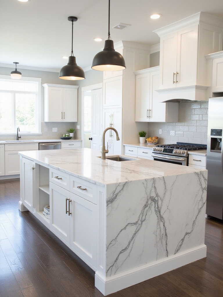 Kitchen island with a white quartz countertop featuring bold grey and black veining, viewed in a modern kitchen setting.