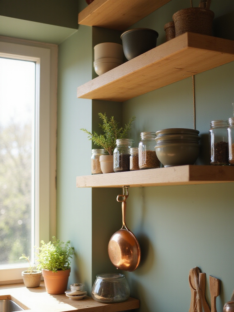 Modern kitchen with light wood open shelving displaying curated dishes, spices, and plants.