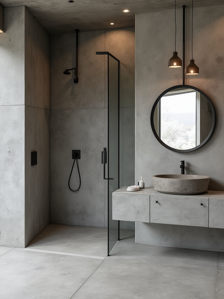 Modern industrial chic bathroom featuring polished concrete floor, textured concrete wall, concrete vanity, black metal fixtures, and industrial lighting.