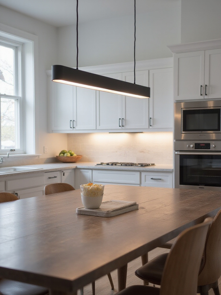 Modern kitchen with linear pendant light above the dining table