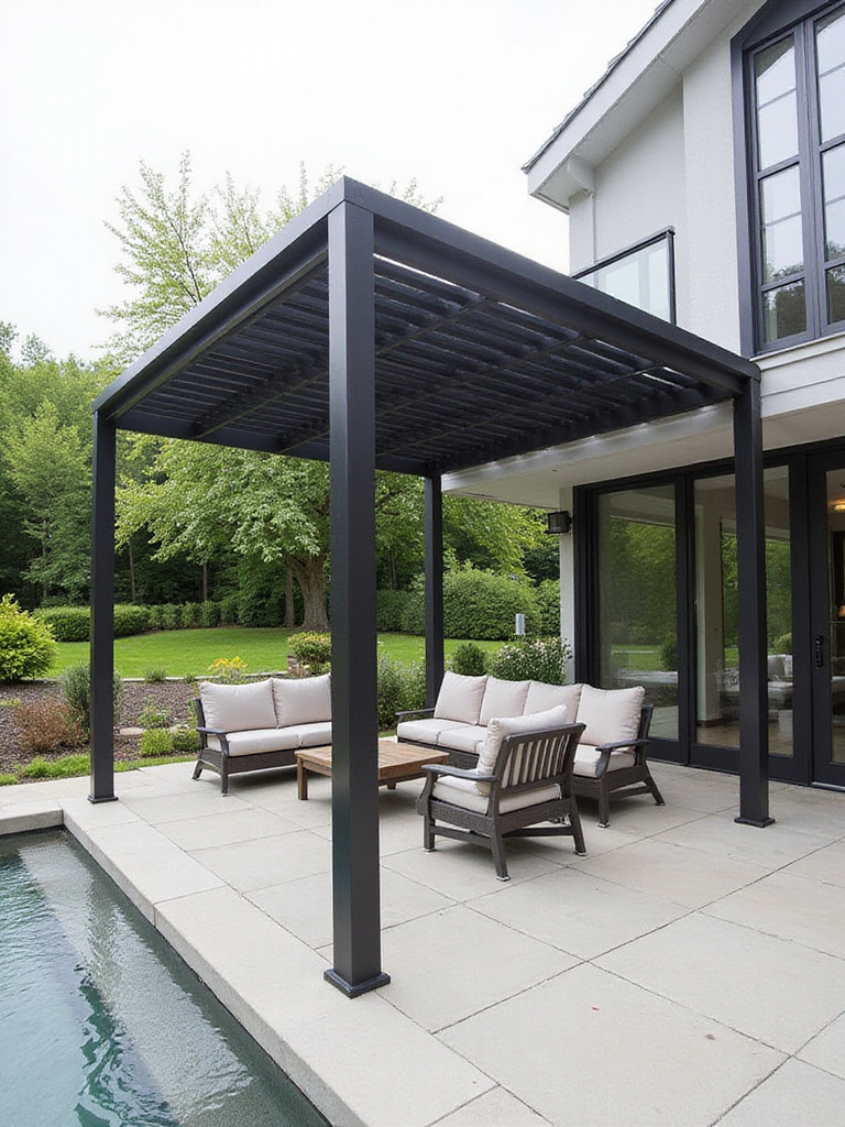 A modern black aluminum pergola with clean lines over a contemporary patio with minimalist furniture.