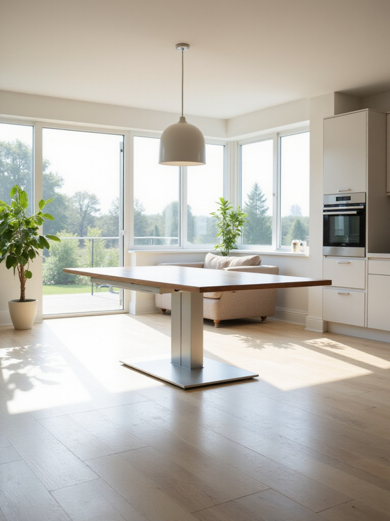 A modern kitchen or dining area featuring a versatile extendable or folding kitchen table, showcasing its space-saving design in a bright, contemporary setting.
